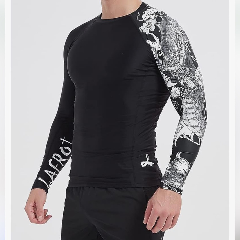 NEW LAFROI Men's High Performance Long Sleeve Base Layer T-Shirt Black White L.